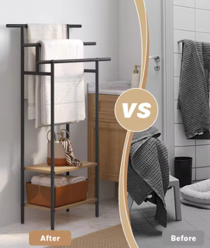 Vrijstaand Badkamer Handdoekenrek met 3 Stangen en Opbergplanken – Hout en Metaal