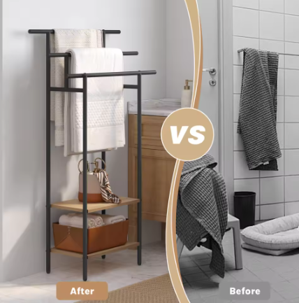Vrijstaand Badkamer Handdoekenrek met 3 Stangen en Opbergplanken – Hout en Metaal