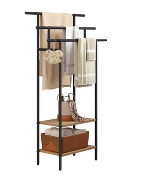 Vrijstaand Badkamer Handdoekenrek met 3 Stangen en Opbergplanken – Hout en Metaal