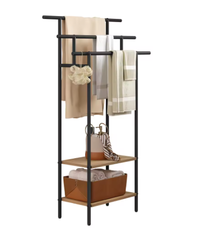 Vrijstaand Badkamer Handdoekenrek met 3 Stangen en Opbergplanken – Hout en Metaal