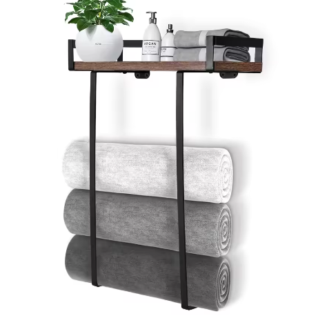 Wandgemonteerde Handdoekhouder Zwart met Houten Plank – Badkamer Handdoekenrek