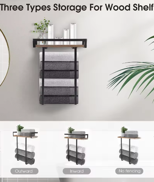 Wandgemonteerde Handdoekhouder Zwart met Houten Plank – Badkamer Handdoekenrek