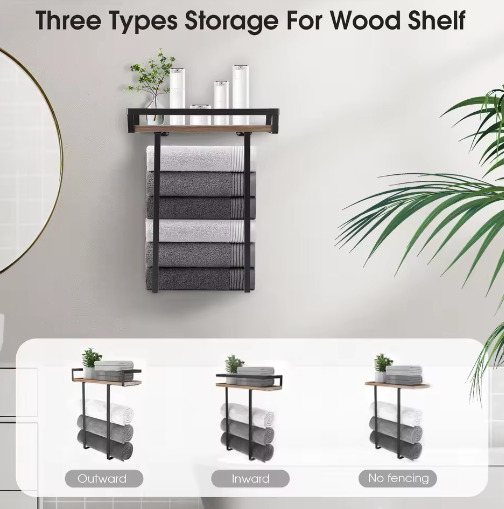 Wandgemonteerde Handdoekhouder Zwart met Houten Plank – Badkamer Handdoekenrek