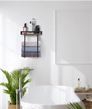 Wandgemonteerde Handdoekhouder Zwart met Houten Plank – Badkamer Handdoekenrek