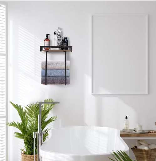 Wandgemonteerde Handdoekhouder Zwart met Houten Plank – Badkamer Handdoekenrek