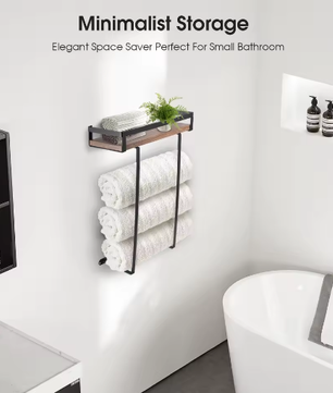 Wandgemonteerde Handdoekhouder Zwart met Houten Plank – Badkamer Handdoekenrek