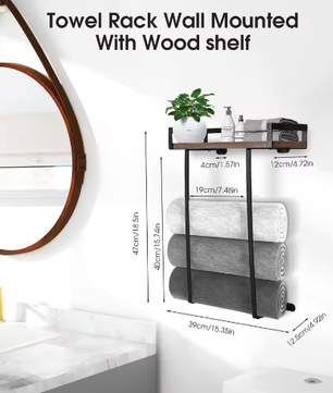 Wandgemonteerde Handdoekhouder Zwart met Houten Plank – Badkamer Handdoekenrek