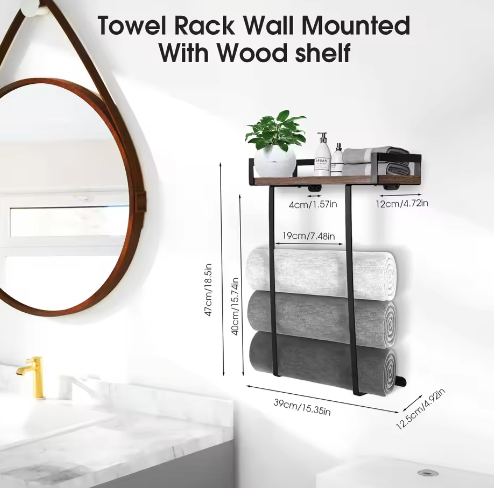 Wandgemonteerde Handdoekhouder Zwart met Houten Plank – Badkamer Handdoekenrek