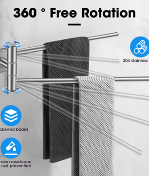 Dubbele Draaibare Handdoekhouder Wand – RVS 304, 34 cm, Ruimtebesparend