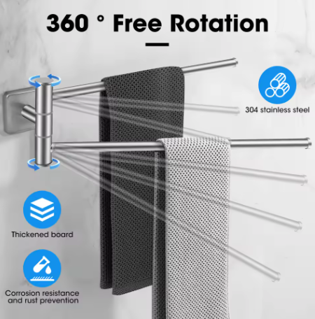 Dubbele Draaibare Handdoekhouder Wand – RVS 304, 34 cm, Ruimtebesparend