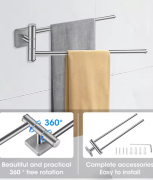 Dubbele Draaibare Handdoekhouder Wand – RVS 304, 34 cm, Ruimtebesparend