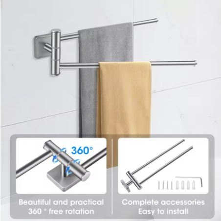 Dubbele Draaibare Handdoekhouder Wand – RVS 304, 34 cm, Ruimtebesparend