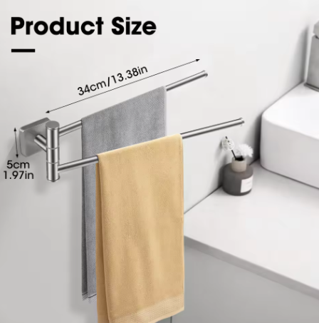 Dubbele Draaibare Handdoekhouder Wand – RVS 304, 34 cm, Ruimtebesparend