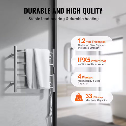 Elektrisch Handdoekverwarmer Rek – Wandmontage, 5 Temperatuurstanden