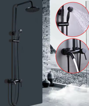 Retro Regendouchekop en Badkraan – Wandmontage, Zwart, Traditioneel