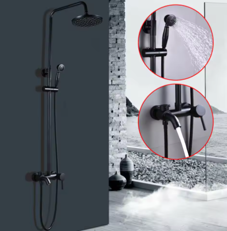 Retro Regendouchekop en Badkraan – Wandmontage, Zwart, Traditioneel