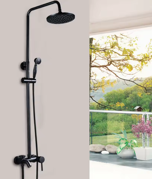 Retro Regendouchekop en Badkraan – Wandmontage, Zwart, Traditioneel