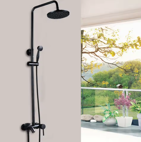 Retro Regendouchekop en Badkraan – Wandmontage, Zwart, Traditioneel