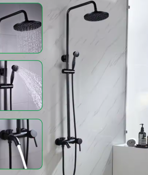 Retro Regendouchekop en Badkraan – Wandmontage, Zwart, Traditioneel