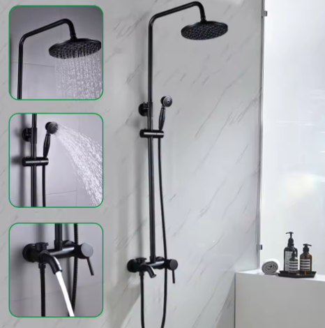 Retro Regendouchekop en Badkraan – Wandmontage, Zwart, Traditioneel