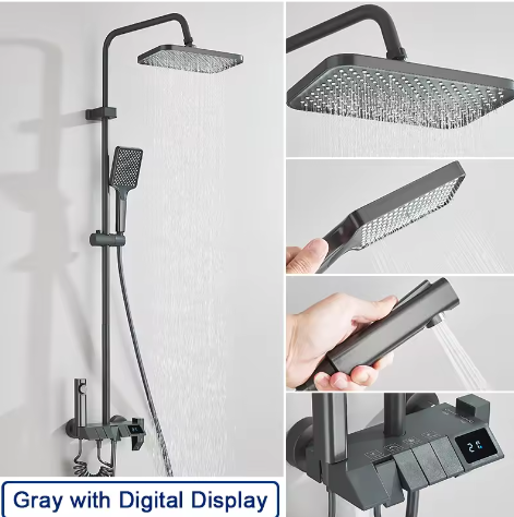 Zwarte Digitale Doucheset met Display – Regendouche, Handdouche en Bidet