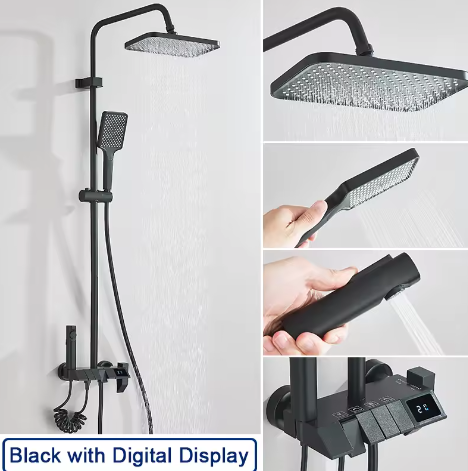 Zwarte Digitale Doucheset met Display – Regendouche, Handdouche en Bidet