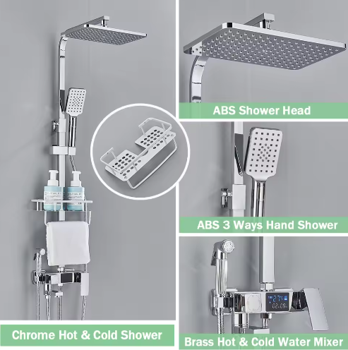 Zwarte Digitale Thermostatische Douchekraan met Display – 4-Weg Regendouche met Plank en Bidet