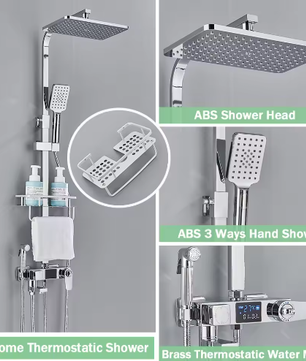 Zwarte Digitale Thermostatische Douchekraan met Display – 4-Weg Regendouche met Plank en Bidet