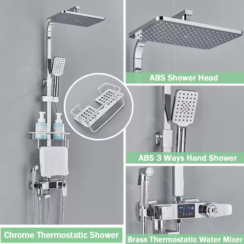 Zwarte Digitale Thermostatische Douchekraan met Display – 4-Weg Regendouche met Plank en Bidet