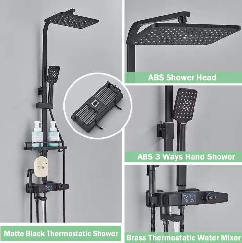 Zwarte Digitale Thermostatische Douchekraan met Display – 4-Weg Regendouche met Plank en Bidet