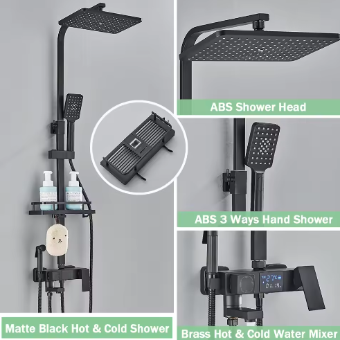 Zwarte Digitale Thermostatische Douchekraan met Display – 4-Weg Regendouche met Plank en Bidet