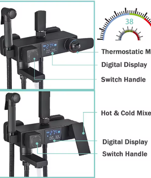 Zwarte Digitale Thermostatische Douchekraan met Display – 4-Weg Regendouche met Plank en Bidet