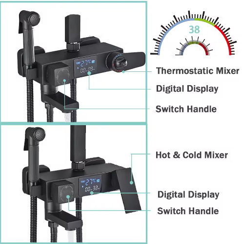 Zwarte Digitale Thermostatische Douchekraan met Display – 4-Weg Regendouche met Plank en Bidet