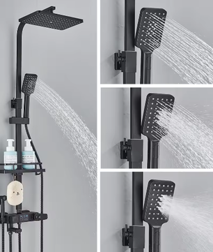 Zwarte Digitale Thermostatische Douchekraan met Display – 4-Weg Regendouche met Plank en Bidet