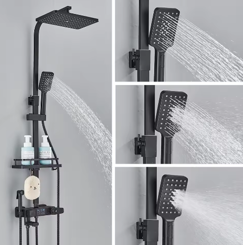 Zwarte Digitale Thermostatische Douchekraan met Display – 4-Weg Regendouche met Plank en Bidet