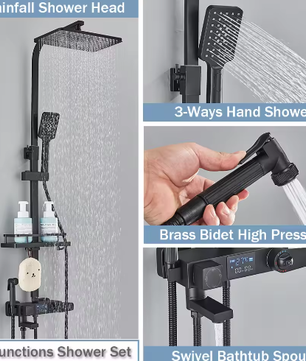 Zwarte Digitale Thermostatische Douchekraan met Display – 4-Weg Regendouche met Plank en Bidet