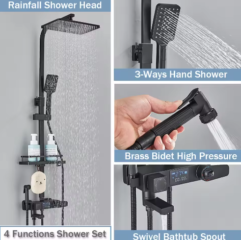 Zwarte Digitale Thermostatische Douchekraan met Display – 4-Weg Regendouche met Plank en Bidet