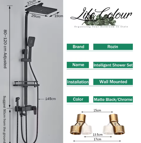 Zwarte Digitale Thermostatische Douchekraan met Display – 4-Weg Regendouche met Plank en Bidet