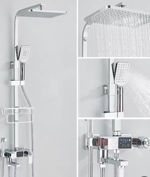 Zwarte Digitale Thermostatische Douchekraan met Display – 4-Weg Regendouche met Plank en Bidet