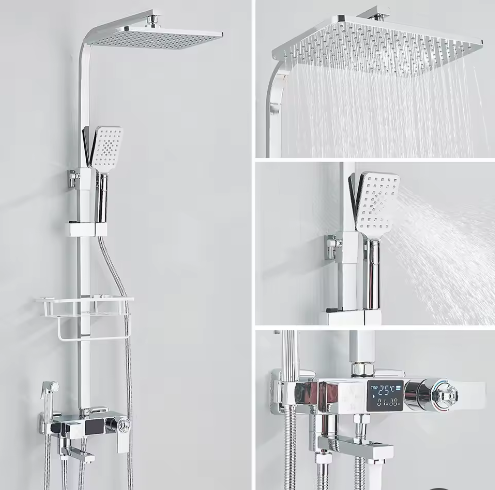 Zwarte Digitale Thermostatische Douchekraan met Display – 4-Weg Regendouche met Plank en Bidet