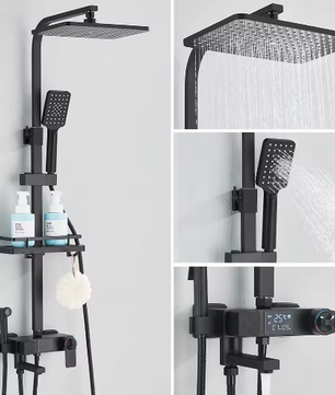 Zwarte Digitale Thermostatische Douchekraan met Display – 4-Weg Regendouche met Plank en Bidet