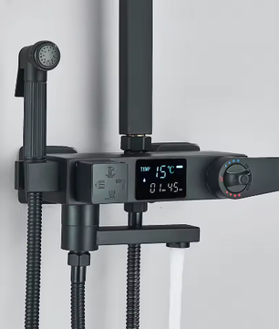 Zwarte Digitale Thermostatische Douchekraan met Display – 4-Weg Regendouche met Plank en Bidet