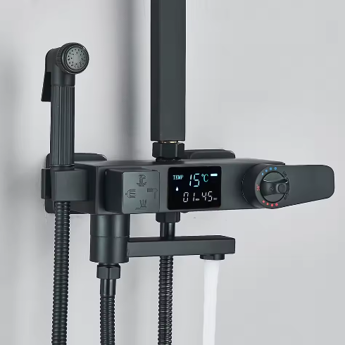 Zwarte Digitale Thermostatische Douchekraan met Display – 4-Weg Regendouche met Plank en Bidet