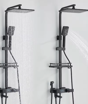 Zwarte Digitale Thermostatische Douchekraan met Display – 4-Weg Regendouche met Plank en Bidet