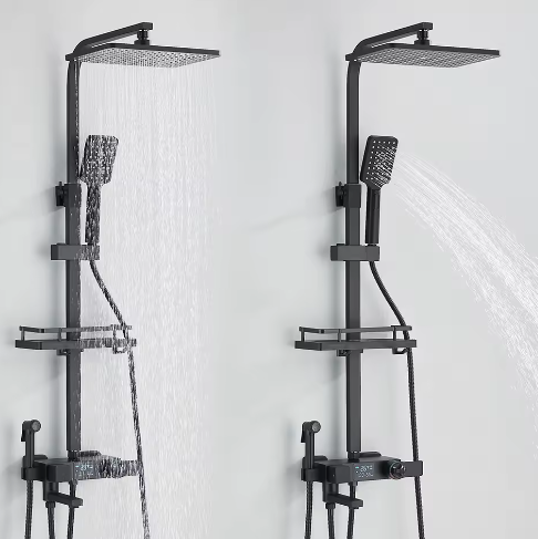 Zwarte Digitale Thermostatische Douchekraan met Display – 4-Weg Regendouche met Plank en Bidet
