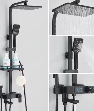 Zwarte Digitale Thermostatische Douchekraan met Display – 4-Weg Regendouche met Plank en Bidet