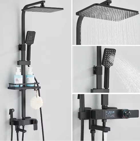 Zwarte Digitale Thermostatische Douchekraan met Display – 4-Weg Regendouche met Plank en Bidet
