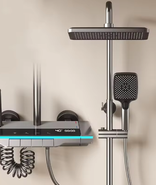 Zwart Digitaal Display Thermostatisch Douchesysteem – 4-Weg Regendouche met Plank en Bidet