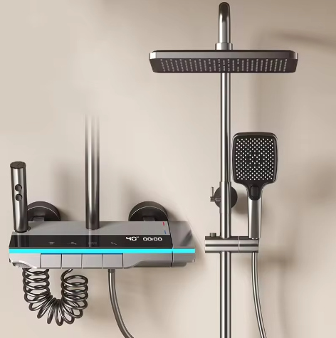 Zwart Digitaal Display Thermostatisch Douchesysteem – 4-Weg Regendouche met Plank en Bidet