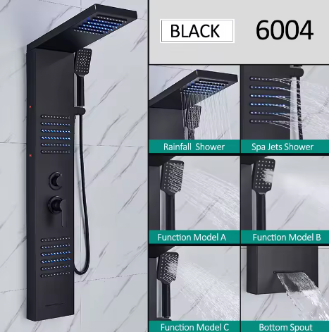 Zwart LED Douchepaneel Toren – Regenwaterval en Massage Douchesysteem